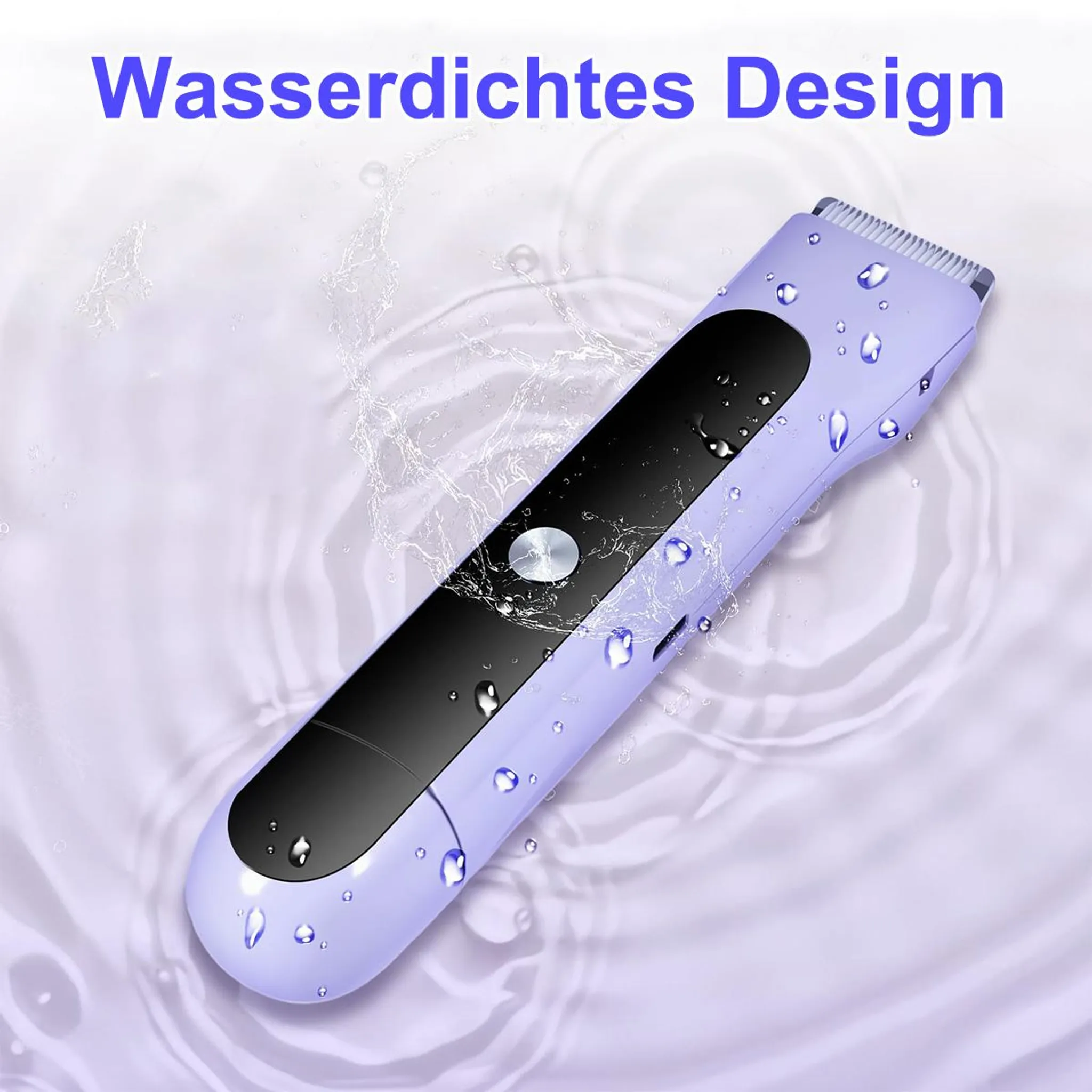 Ein lila Haarschneider liegt auf einer fließenden Oberfläche mit Wassertropfen.