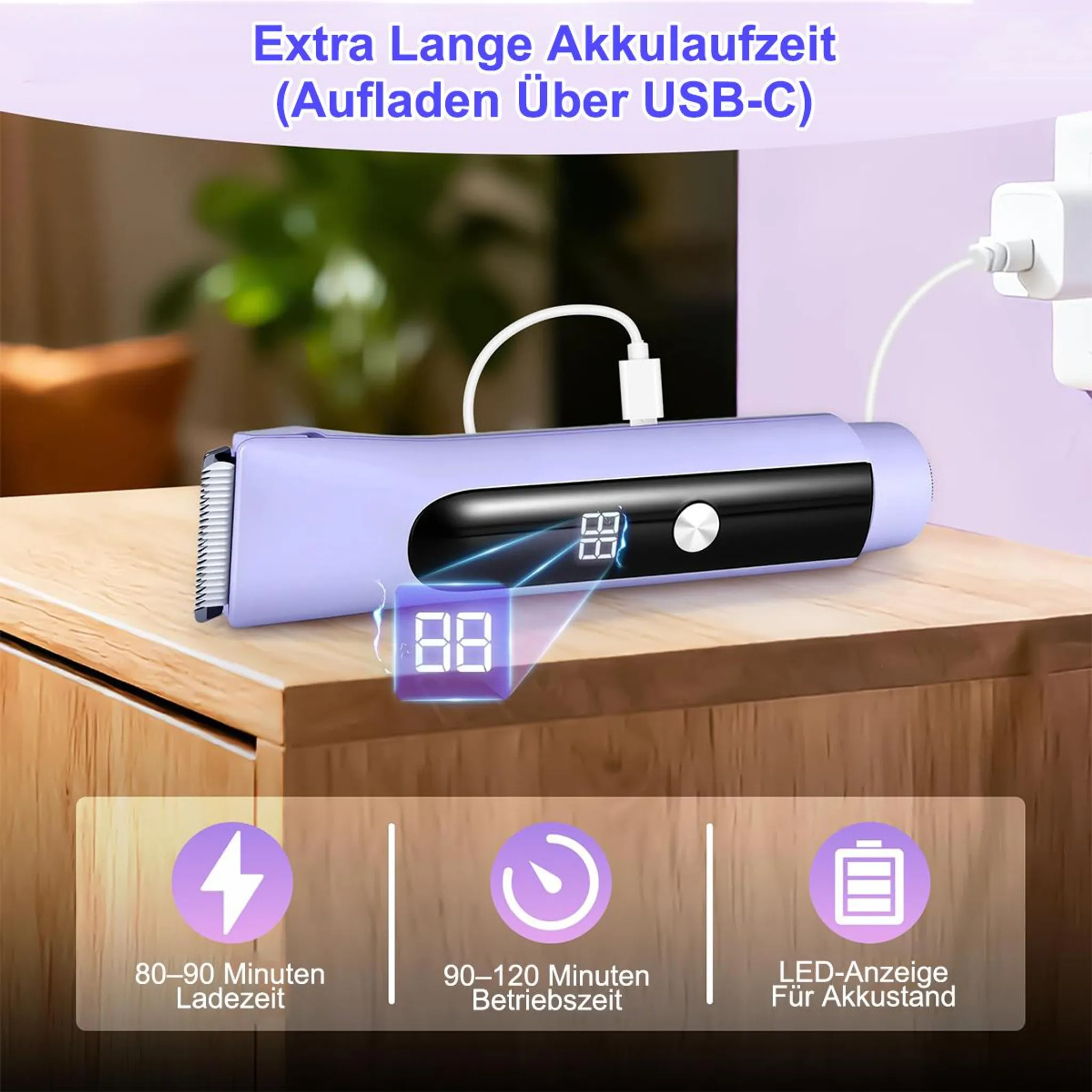 Ein lila Haarschneider lädt über USB-C. Anzeige zeigt 88% Akku.