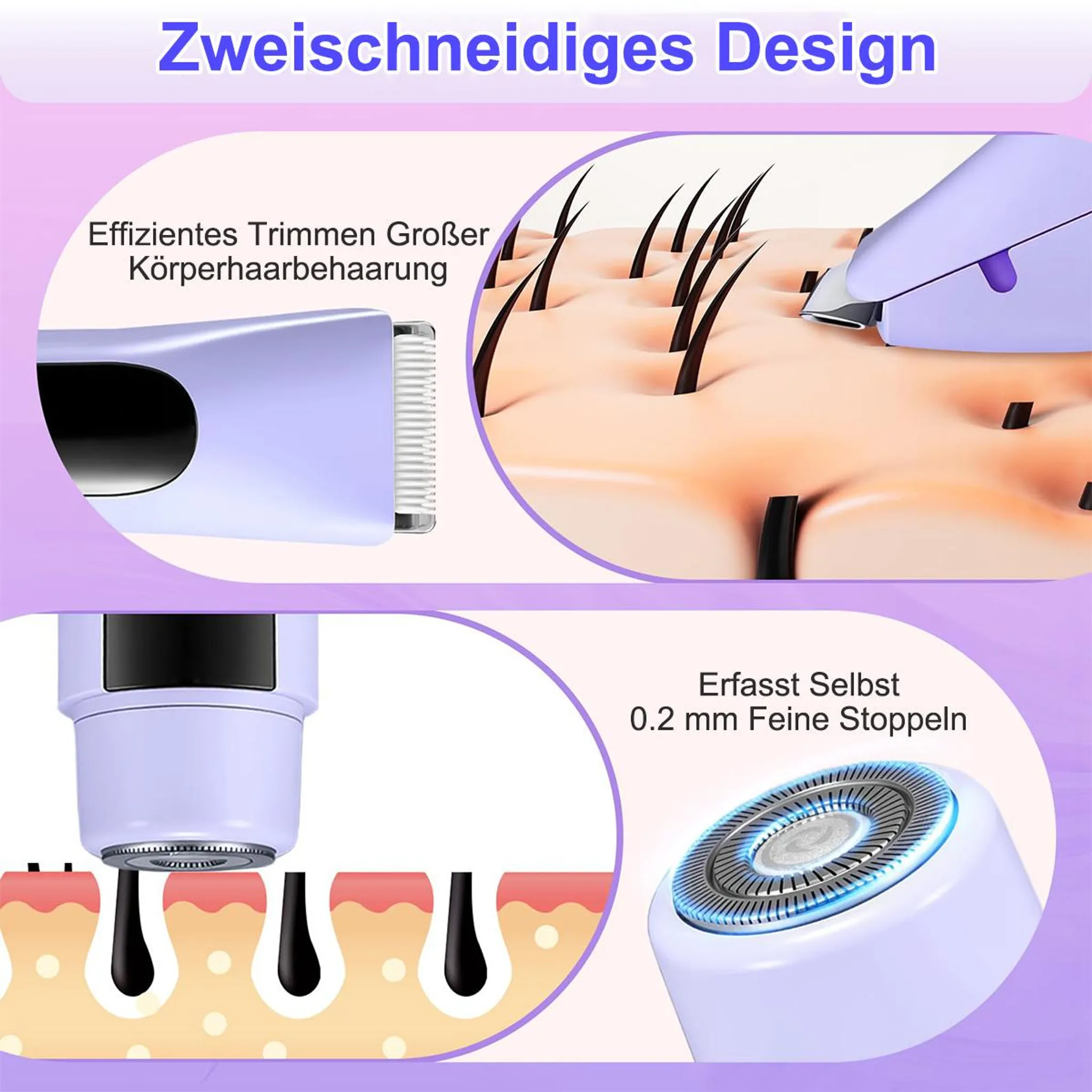 Einhelliger Design-Trimmer mit Nahaufnahme von Haut und Haaren.