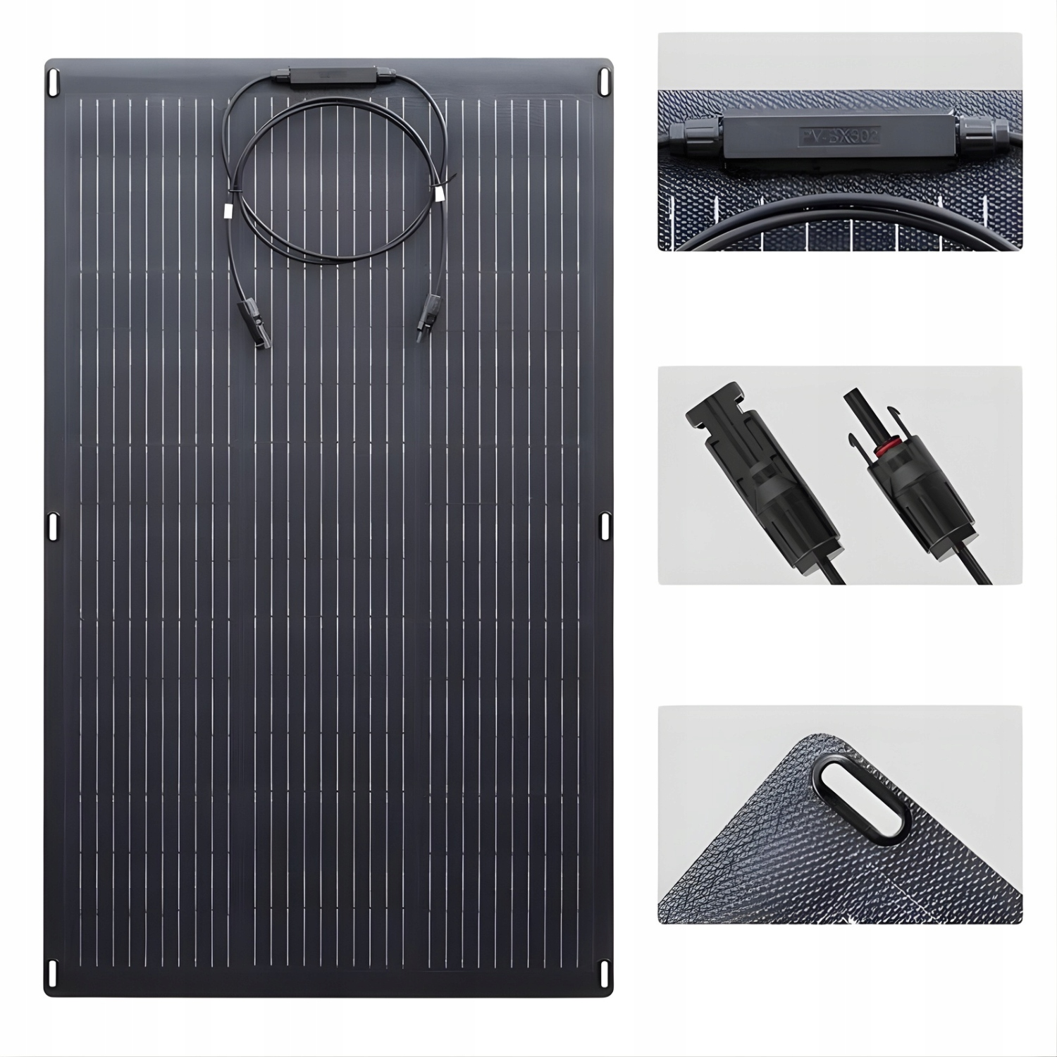 Czarny panel słoneczny z kablami i złączami, zbliżenia detali.