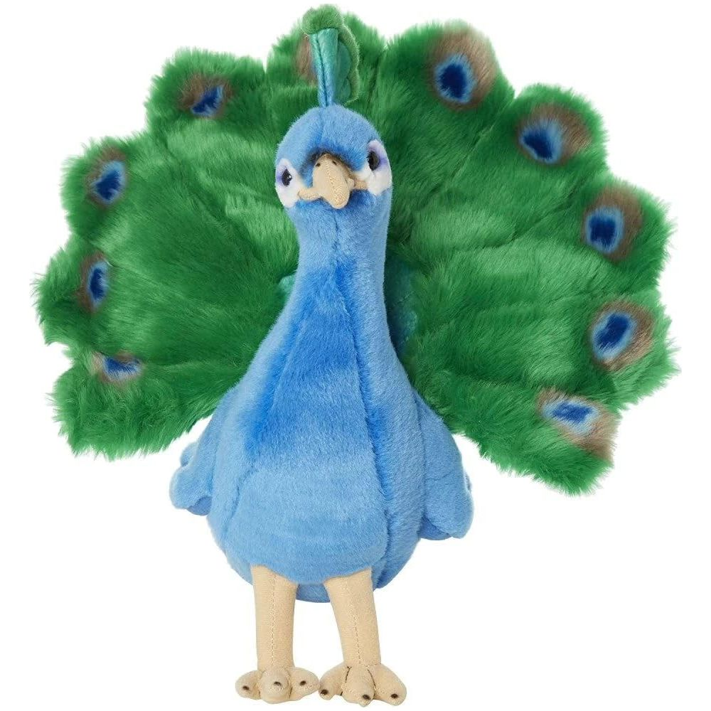 Un pavone di peluche blu con le piume della coda verdi spiegate.