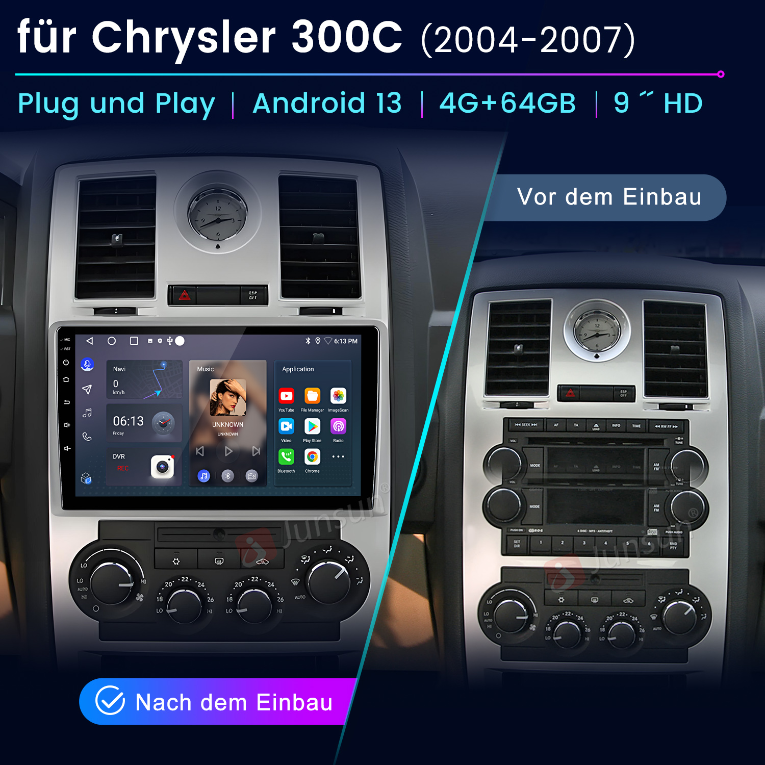 Vorher/Nachher Vergleich eines Chrysler 300C Autoradios mit Touchscreen.