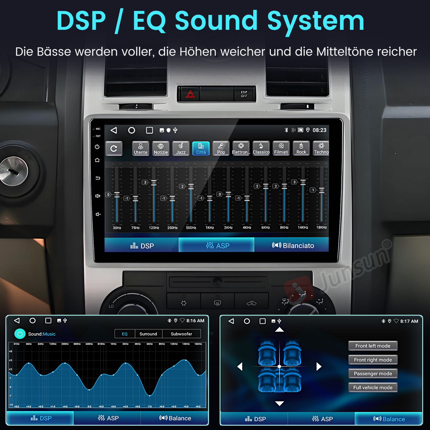 DSP/EQ-Soundsystem mit Equalizer-Anzeige und Fahrzeugeinstellungen.