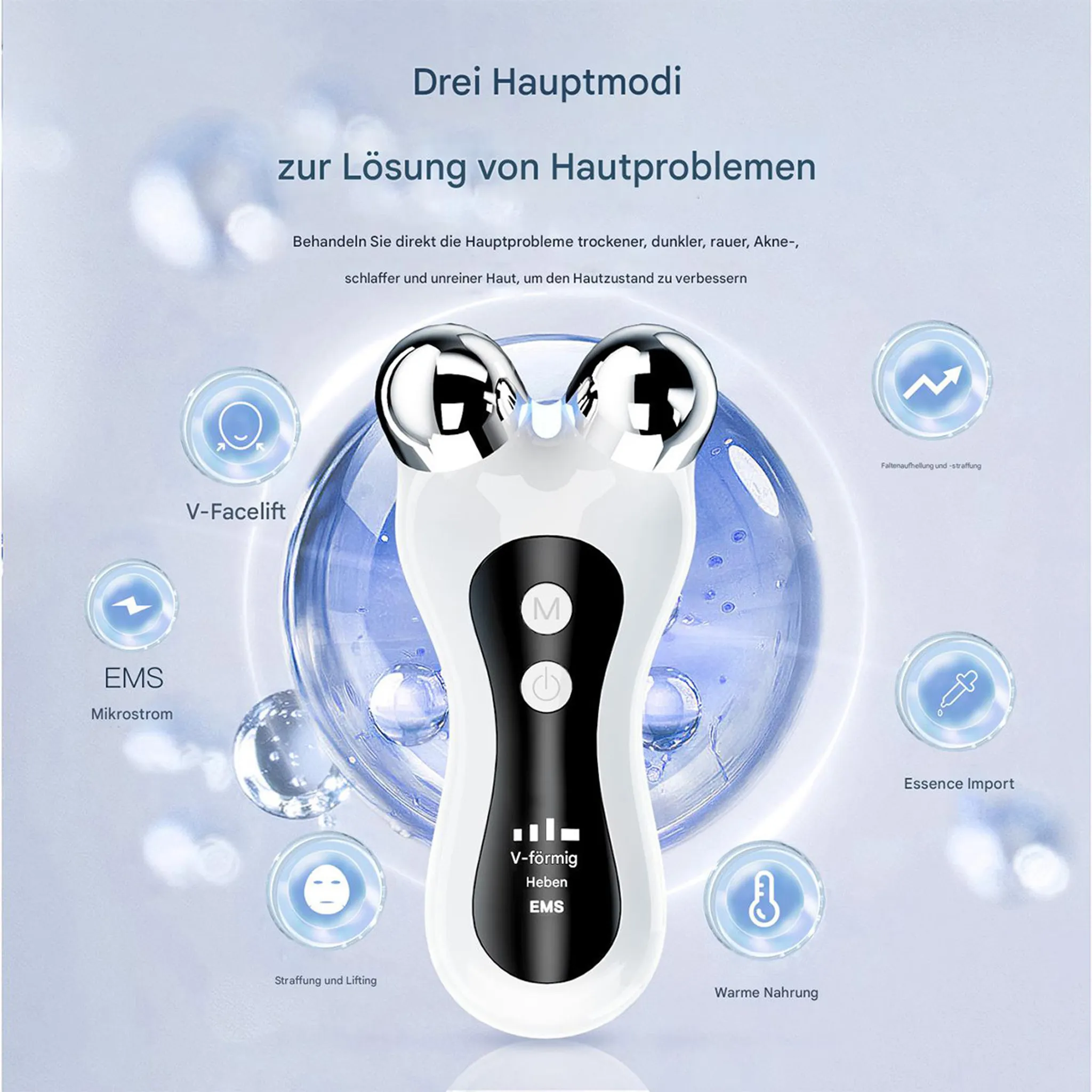 Ein weißes Hautpflegegerät mit silbernen Rollen und Symbolen für V-Facelift, EMS und mehr.