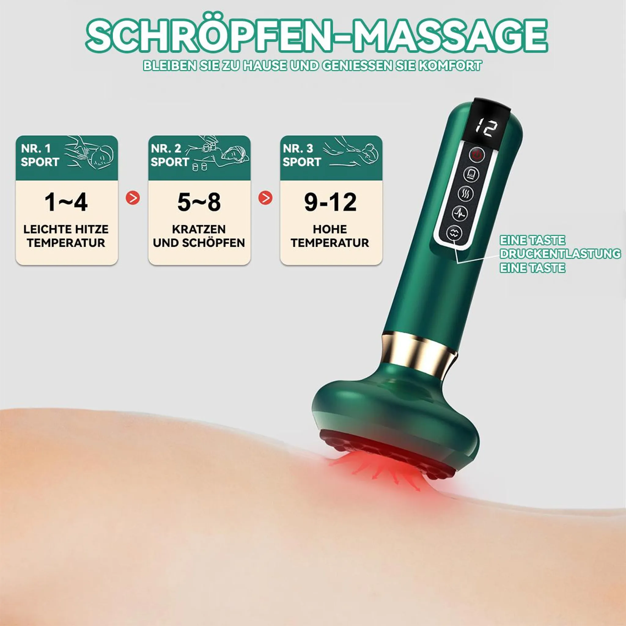 Grünes Massagegerät mit roten Lichtern auf Haut, zeigt verschiedene Stufen.