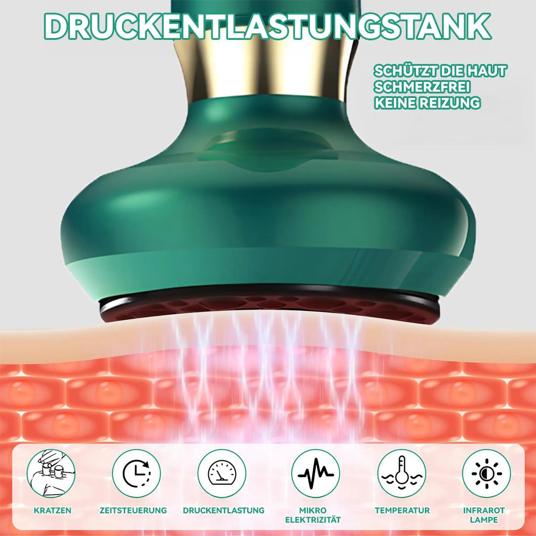 Ein grünes Gerät behandelt die Hautschichten. Symbole zeigen Funktionen.