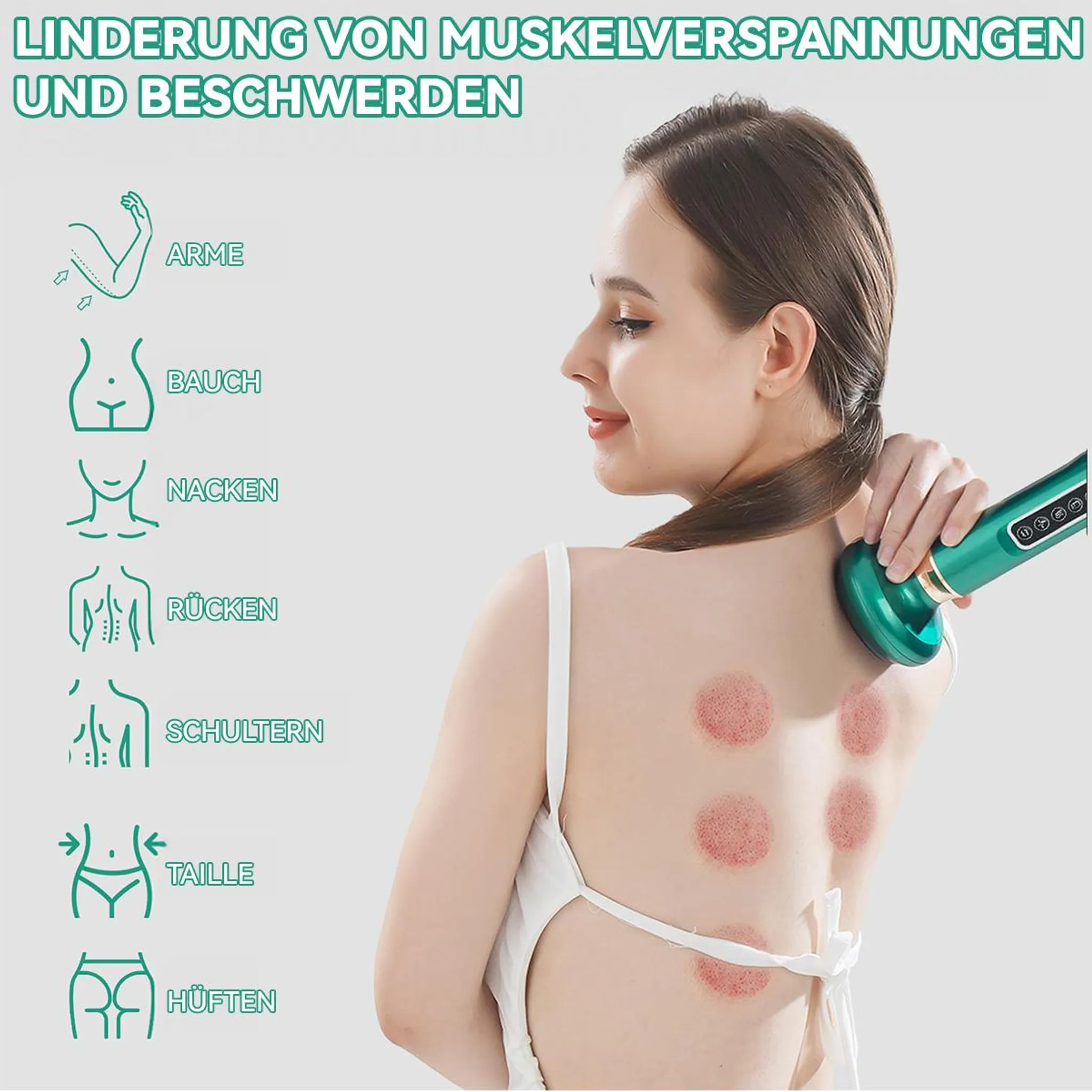Frau mit Schröpfgläsern auf dem Rücken, die ein Massagegerät hält.