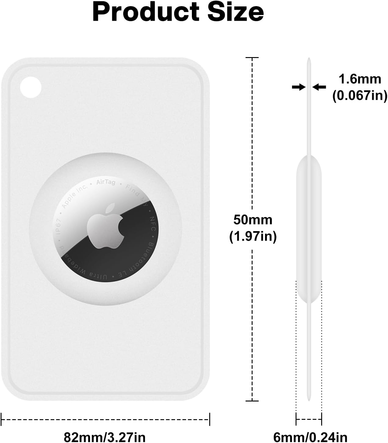 Weiße AirTag-Größenübersicht mit Maßen von 82mm x 50mm x 6mm und 1,6mm Dicke.