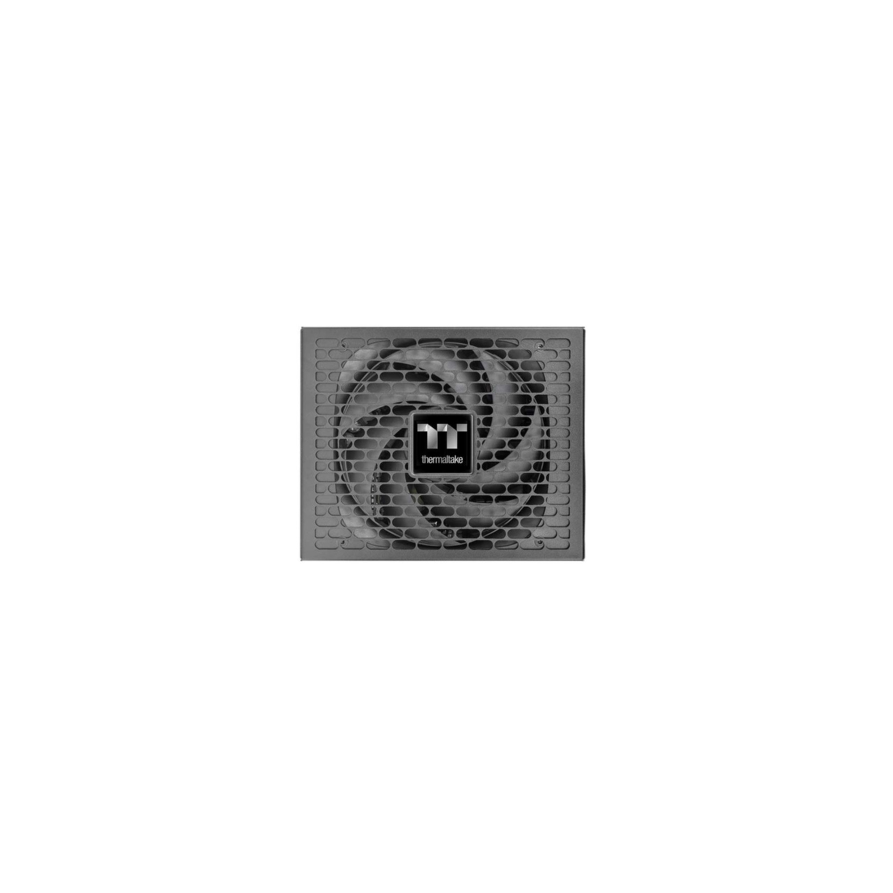 Grauer Netzteil-Lüfter mit Thermaltake-Logo in der Mitte.