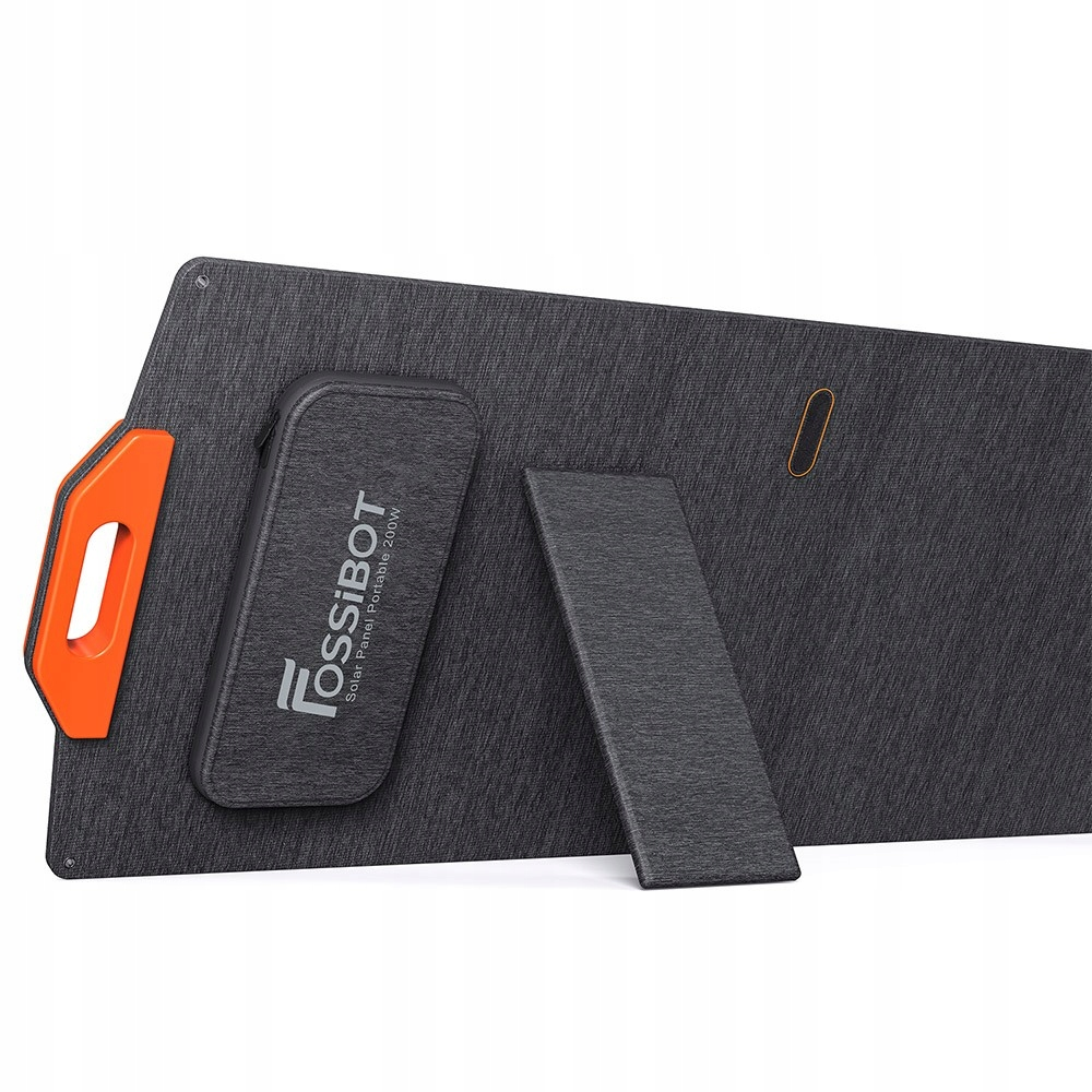 Szary panel słoneczny z pomarańczowym uchwytem i wbudowaną podstawką.