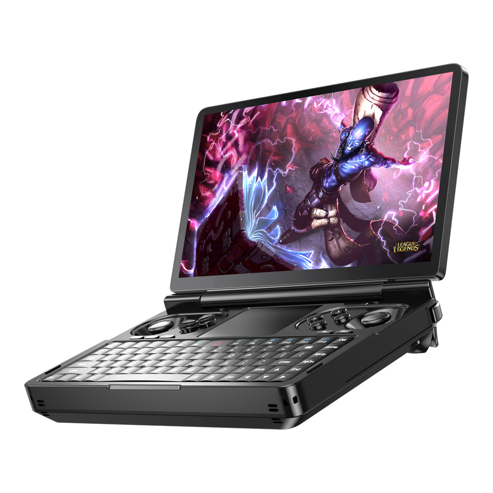 Czarny przenośny komputer do gier wyświetla ekran League of Legends z klawiaturą.