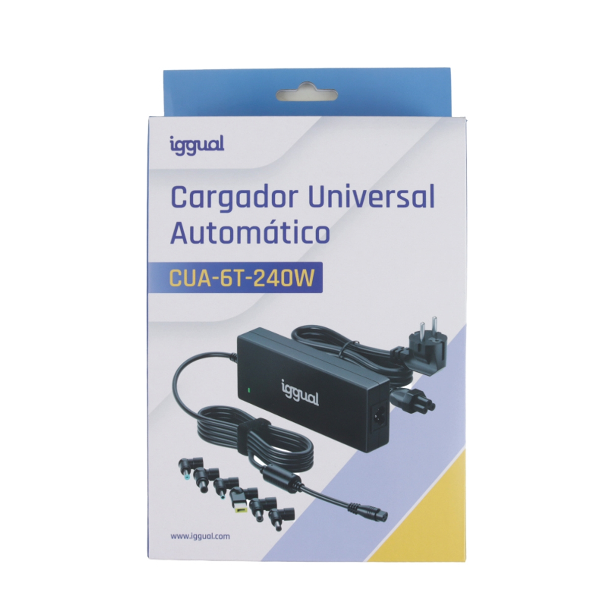 Cargador de portátil negro con varios adaptadores y enchufe europeo.