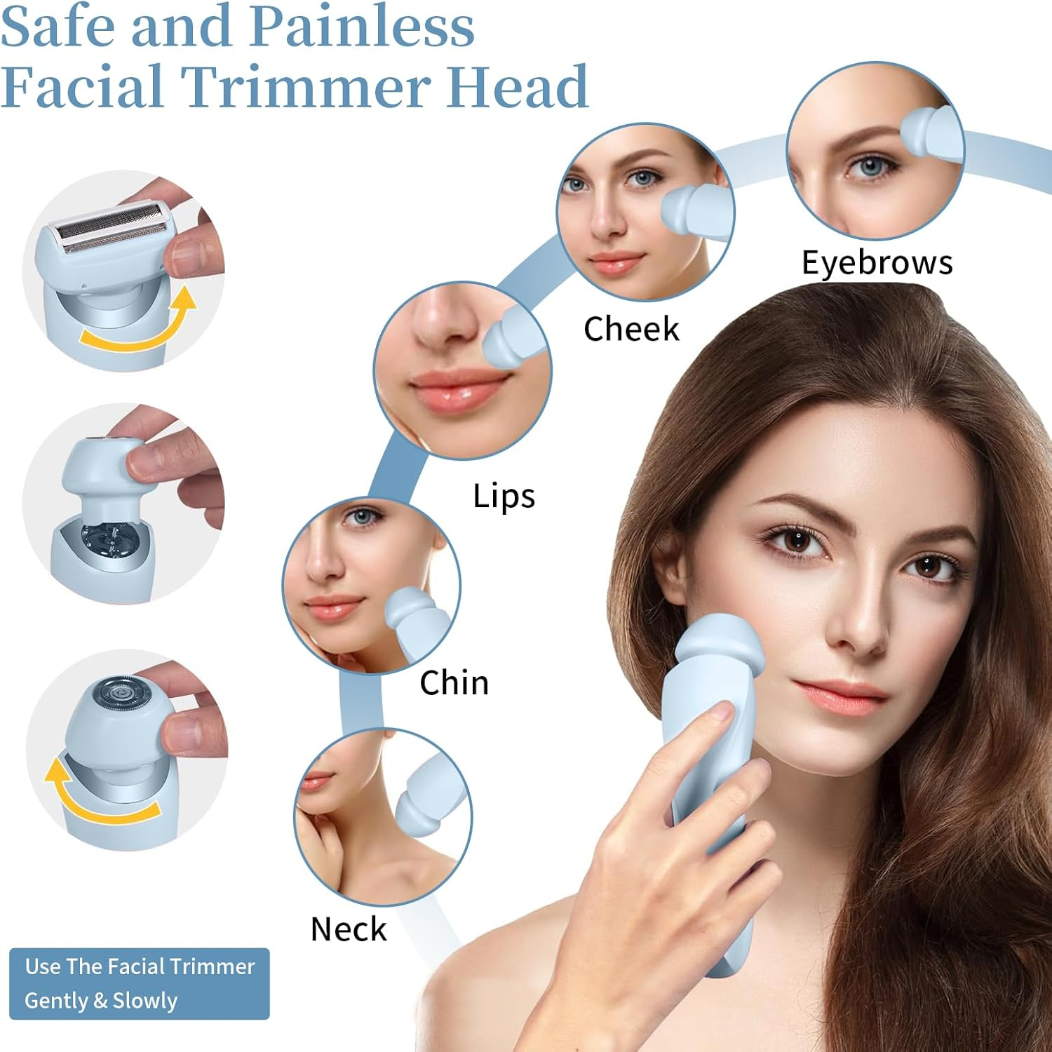 Gesichtsrasierer für sichere und schmerzfreie Haarentfernung an Lippen, Kinn, Hals, Wangen, Augenbrauen.
