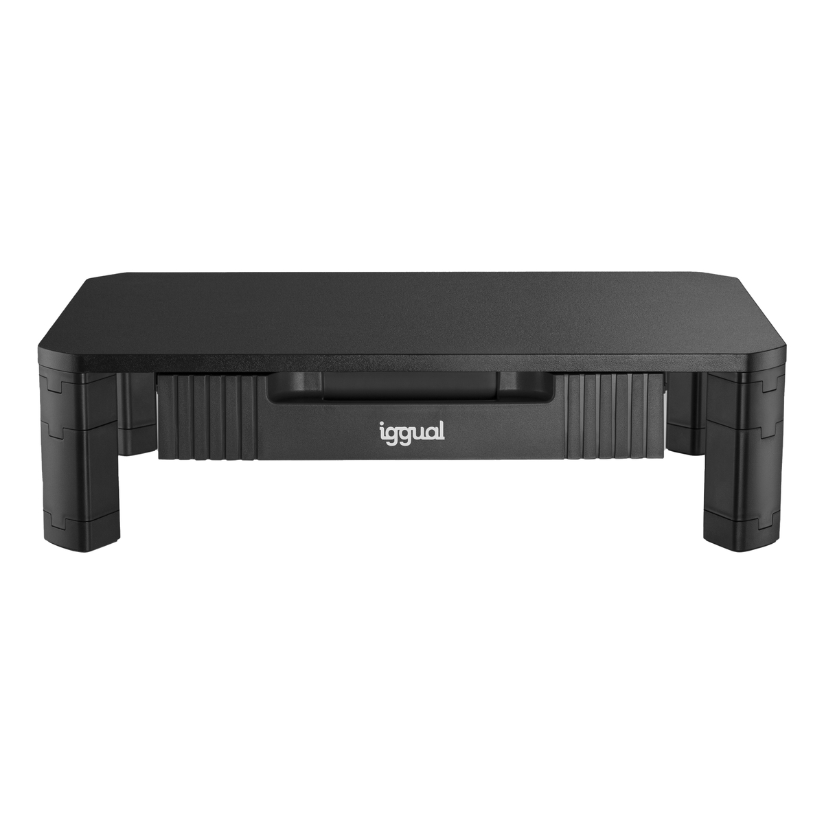 Un soporte de monitor negro con cajón, mostrado sobre fondo blanco.