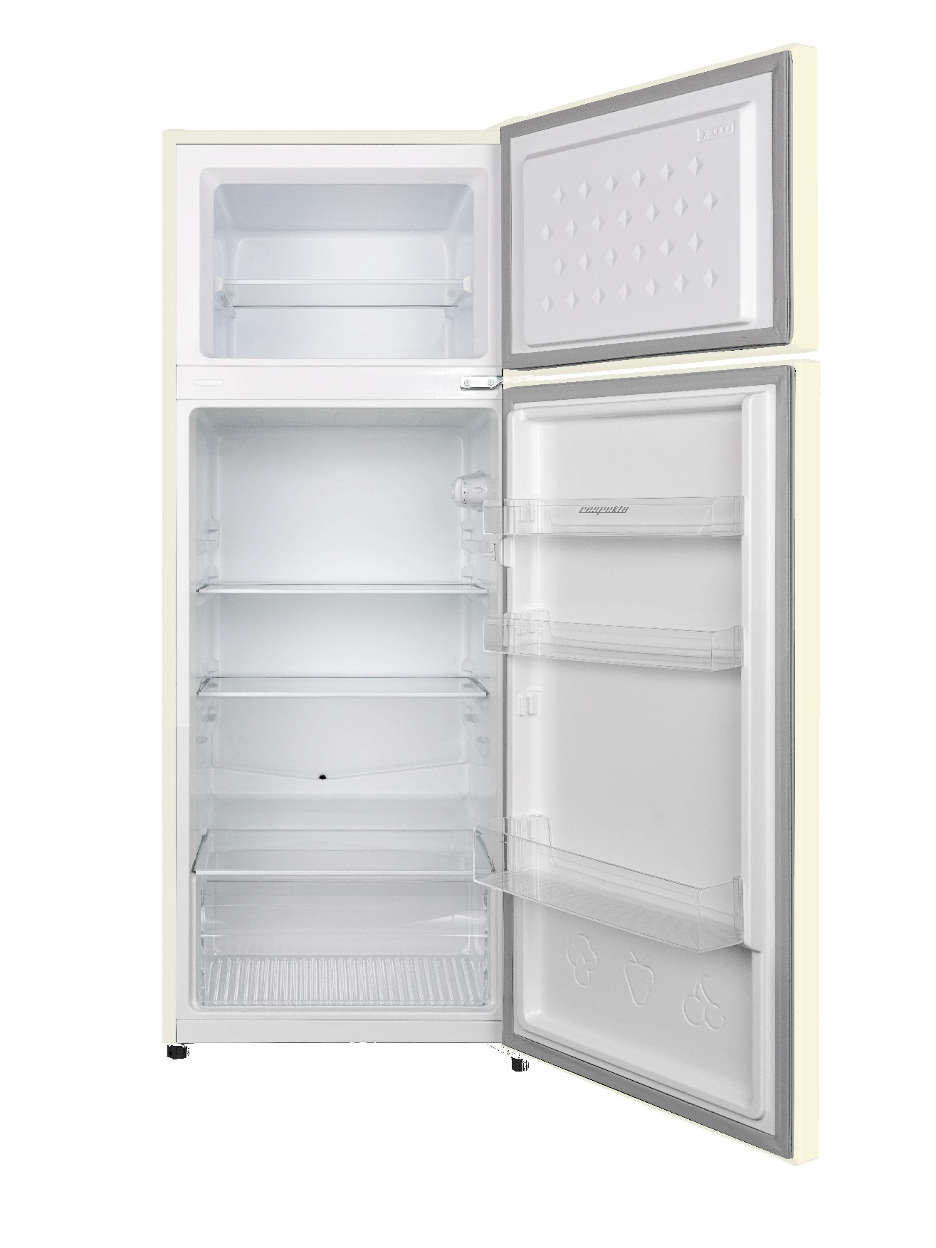 Ein offener, cremefarbener Kühlschrank mit mehreren Einlegeböden und Türfächern.