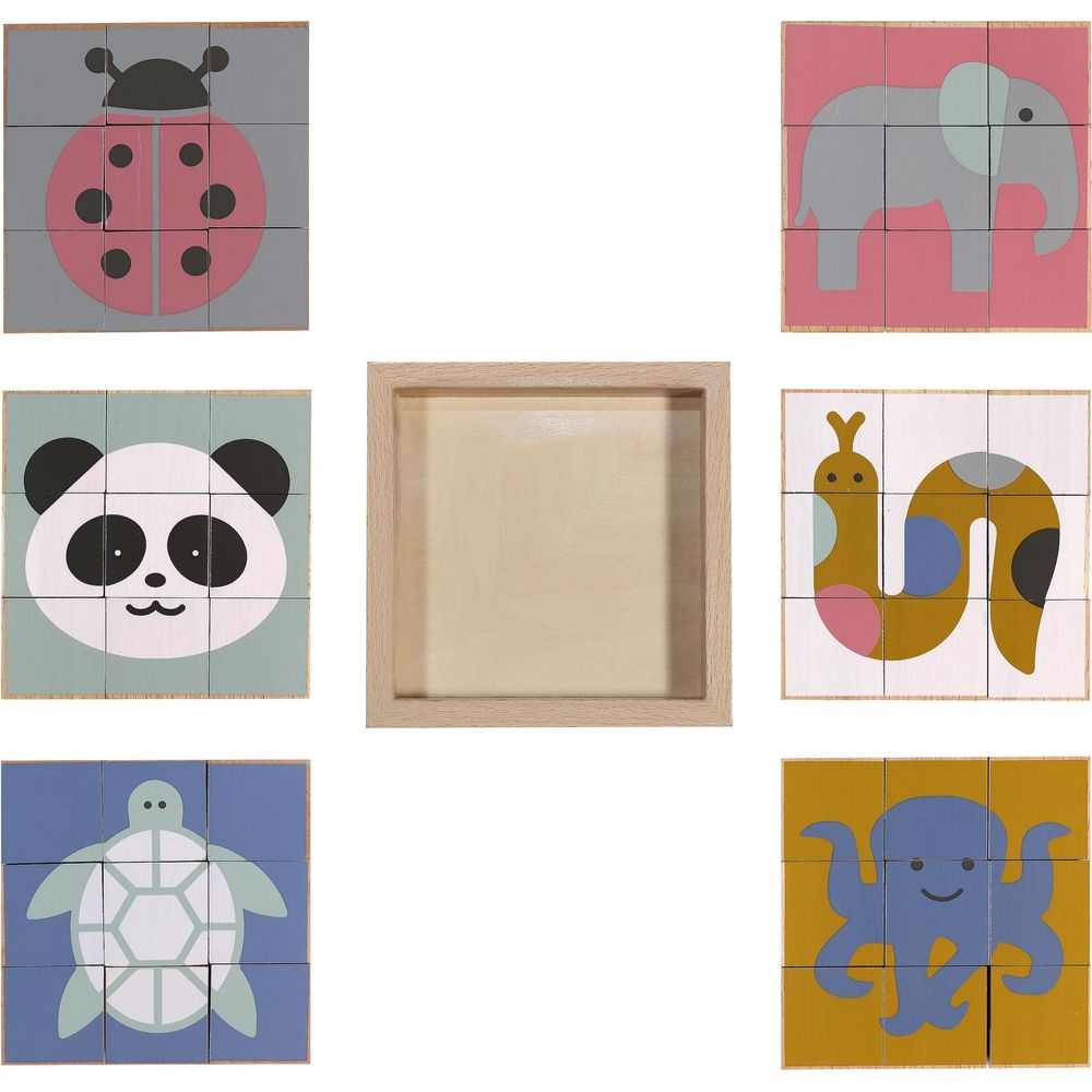 Blocchi di legno con disegni di animali: coccinella, elefante, panda, serpente, tartaruga, polpo.