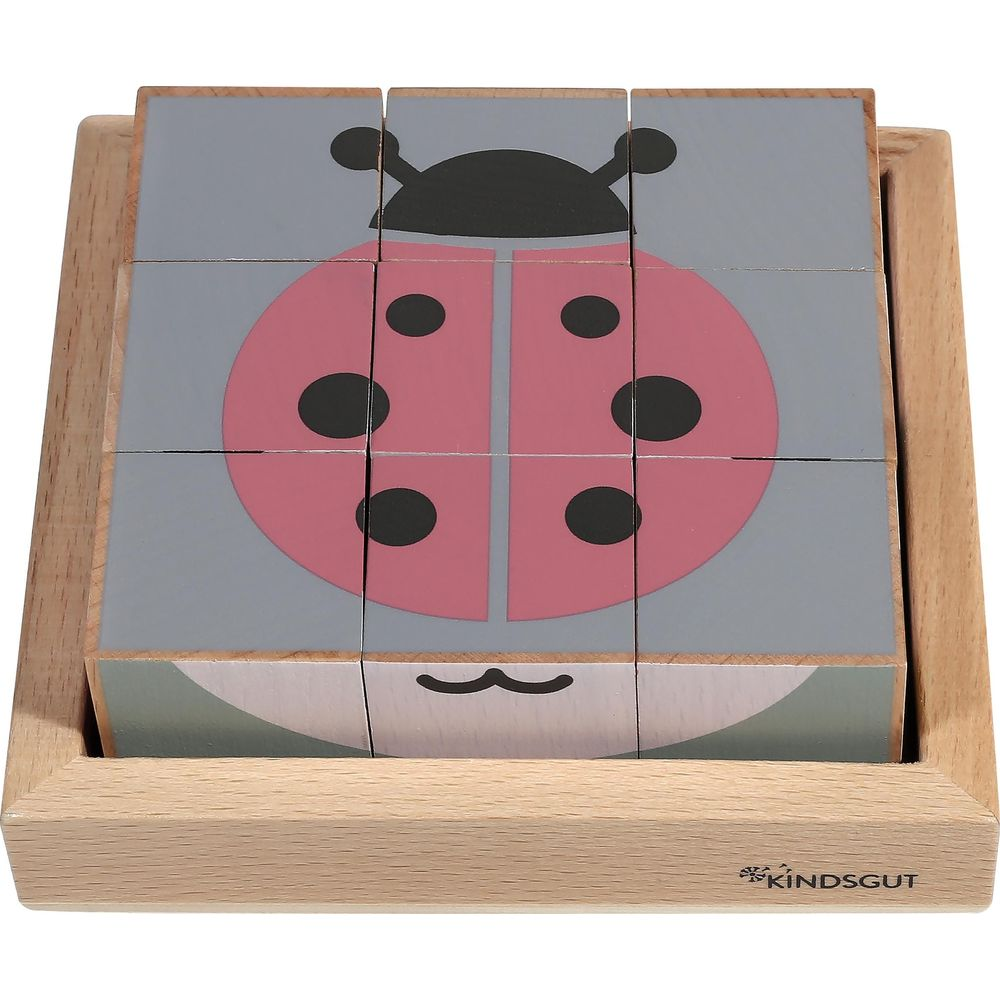 Un puzzle in legno con 9 cubi che formano il volto e il corpo di una coccinella.