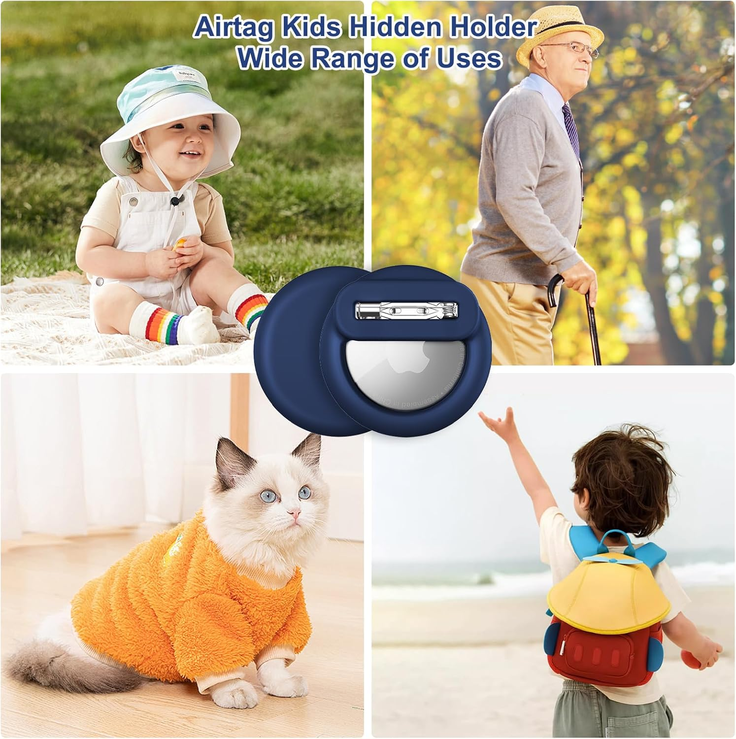 Ein Baby im Gras, ein älterer Mann mit Stock, eine Katze in einem Pullover und ein Kind mit Rucksack am Strand.