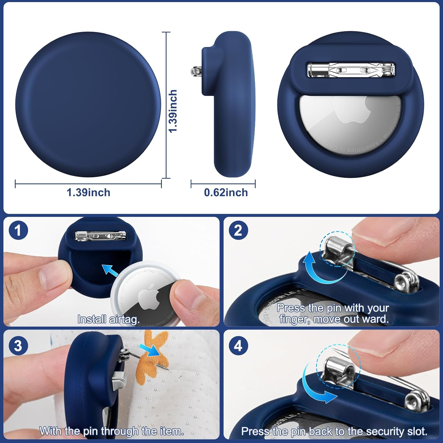 Anleitung zur Befestigung eines AirTags mit einer blauen Halterung und einem Sicherheitsnadel.