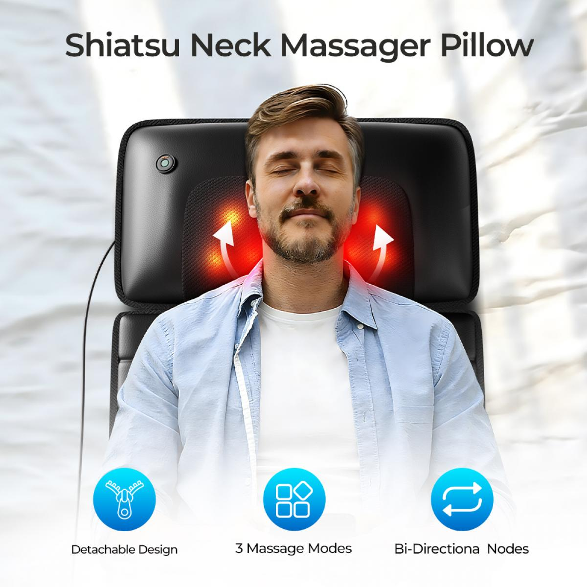 Mann entspannt sich mit Nackenmassagegerät, Shiatsu-Kissen, 3 Modi.