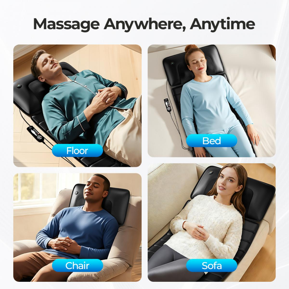 Vier Szenen zeigen Massagegeräte auf Boden, Bett, Stuhl und Sofa.