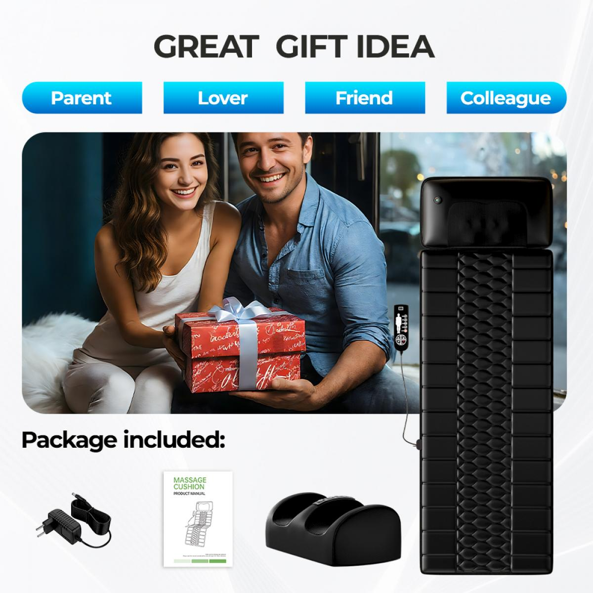 Ein Mann und eine Frau lächeln und halten ein Geschenk. Daneben liegen Massagegeräte.