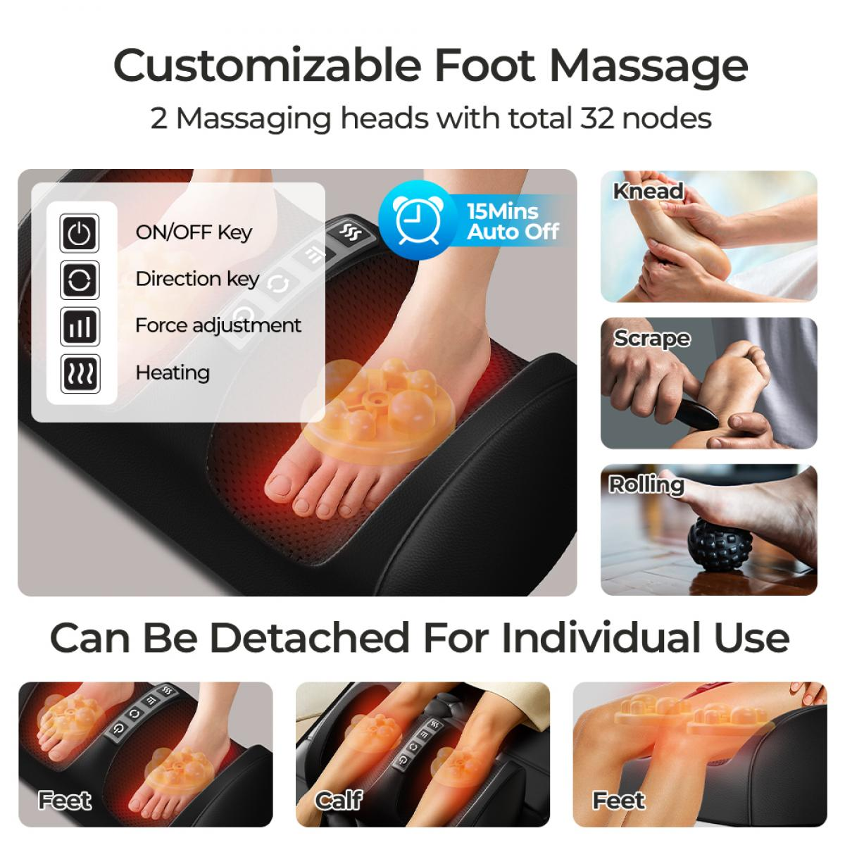 Fußmassagegerät mit Steuerelementen und verschiedenen Massagearten wie Kneten, Schaben, Rollen.