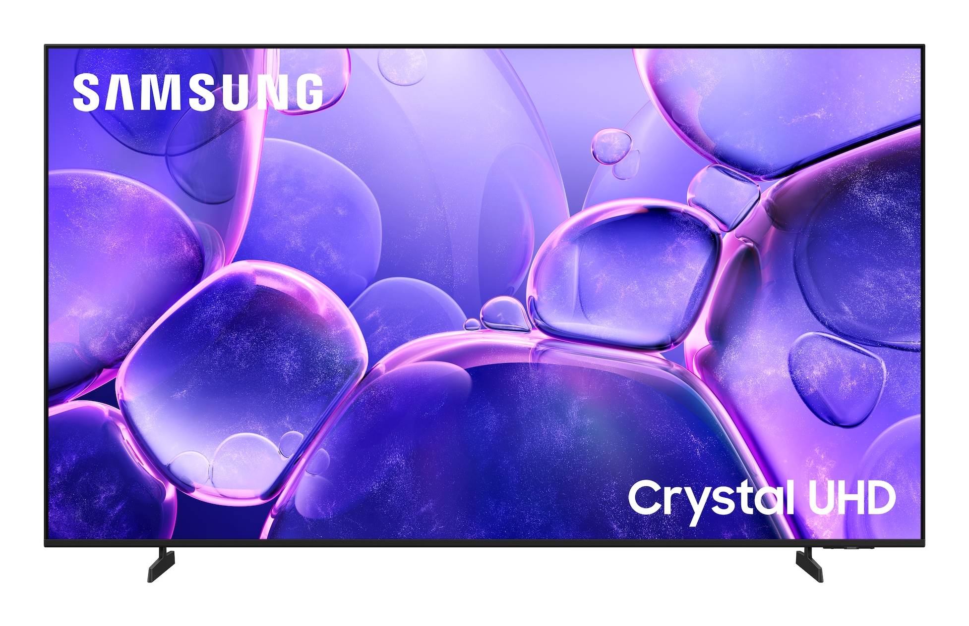TV Samsung Crystal UHD con burbujas púrpuras abstractas. Soporte minimalista.