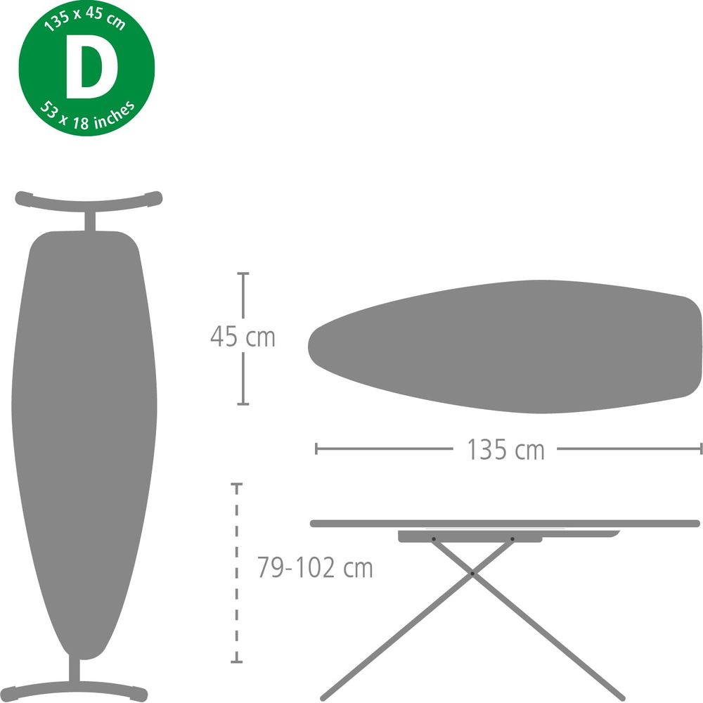 Dimensions table à repasser: 135x45cm, hauteur 79-102cm. Taille D.