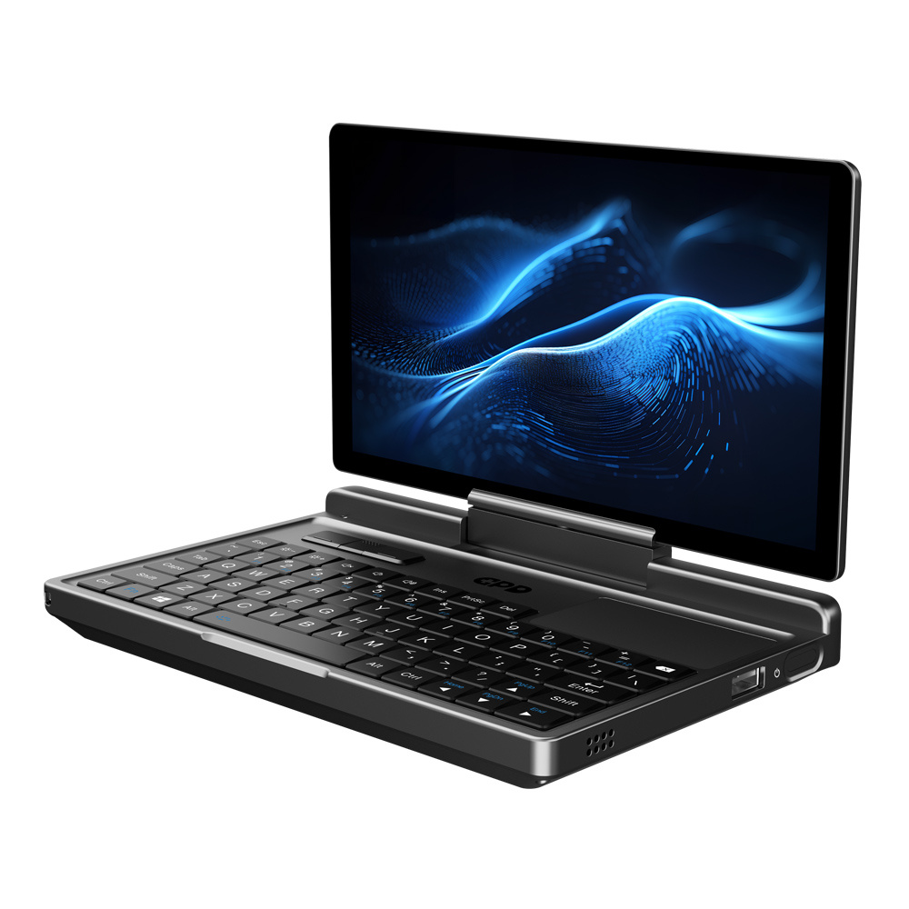 Czarny, przenośny laptop GPD z klawiaturą i ekranem wyświetlającym niebieskie fale abstrakcyjne.