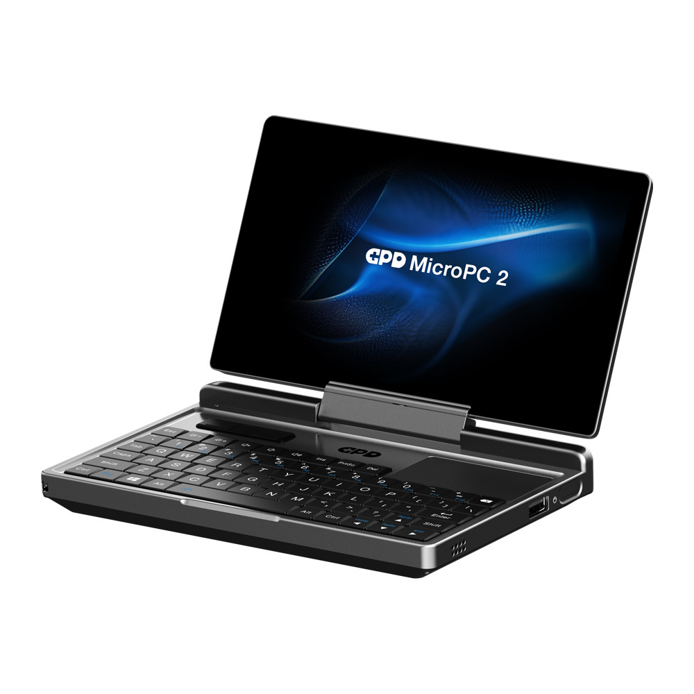 Laptop GPD MicroPC 2 z czarną klawiaturą i ekranem wyświetlającym niebieski abstrakcyjny wzór.