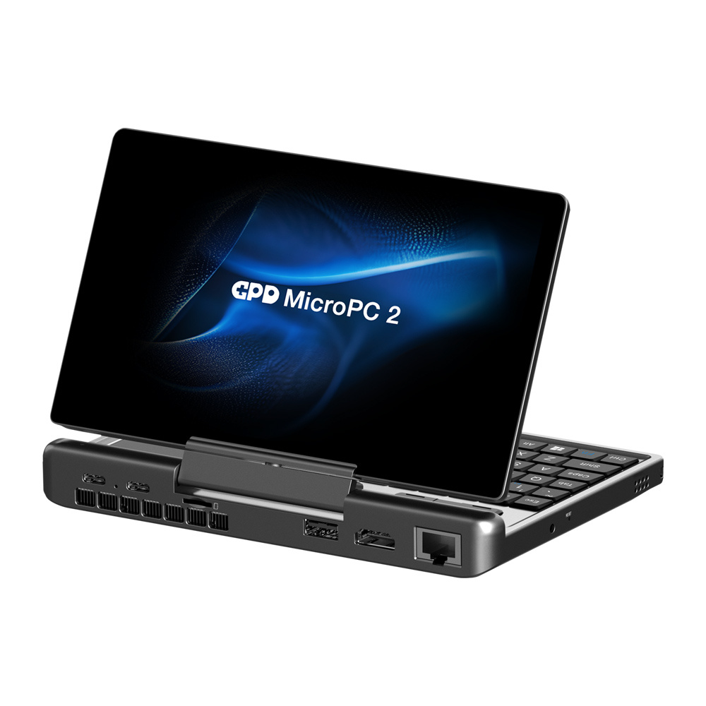 Laptop GPD MicroPC 2 z otwartym ekranem i klawiaturą. Porty po bokach.