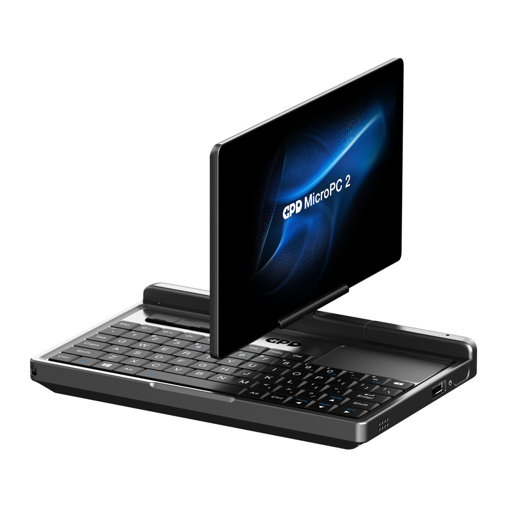 Laptop GPD MicroPC 2 z ekranem wyświetlającym niebieską sztukę abstrakcyjną i klawiaturą.