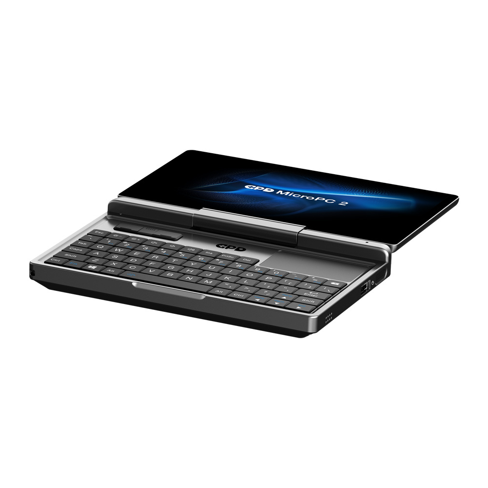 Na białym tle pokazano laptop GPD MicroPC 2 z klawiaturą QWERTY.