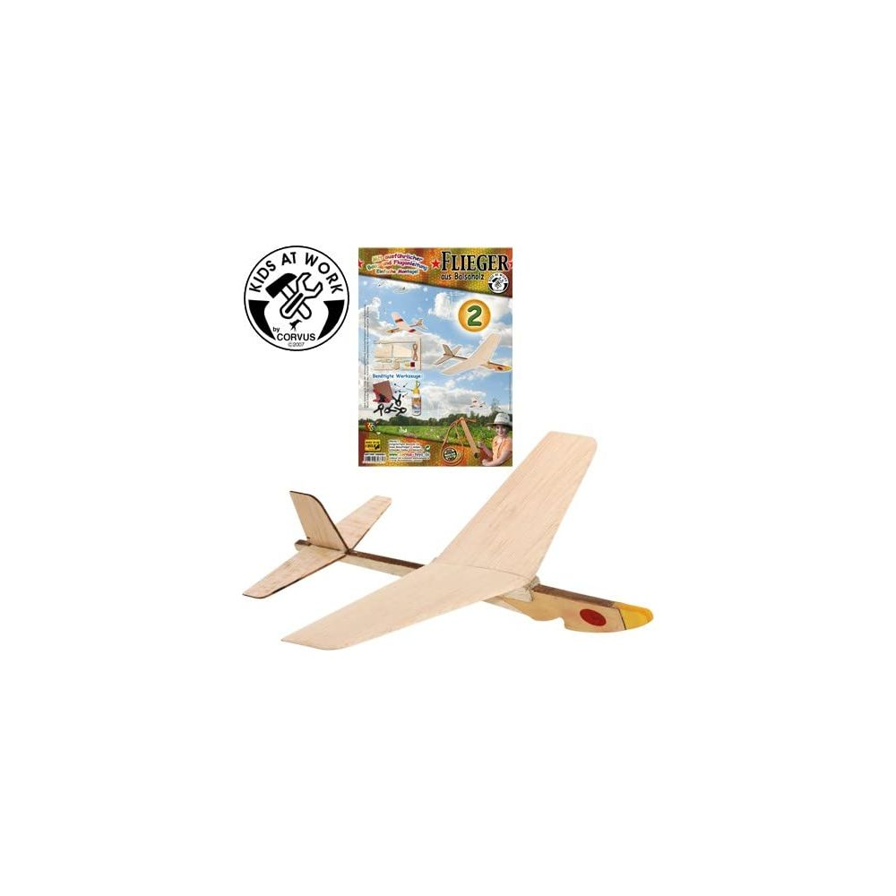Ein Holzflugzeug-Bausatz mit Anleitungsheft und Werkzeuglogo.