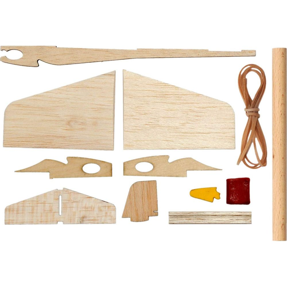 Holzbauteile für ein Modell, Gummibänder, ein Holzstab und Klebstoff.