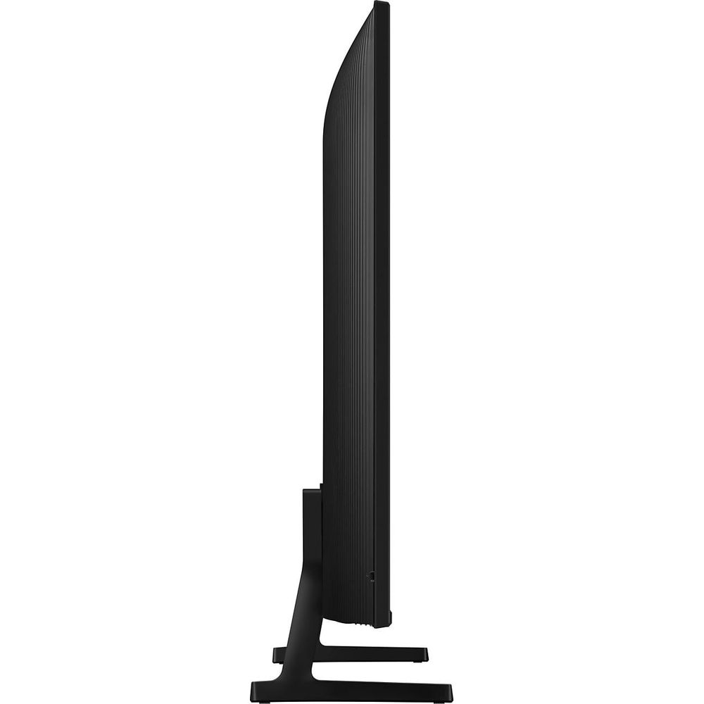 Widok z boku czarnego telewizora z wąską ramką i podstawką.