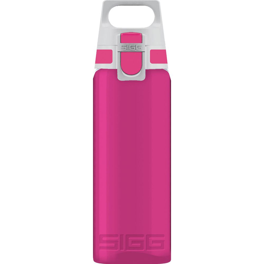 Eine pinke Sigg-Trinkflasche mit weißem Deckel und Griff.
