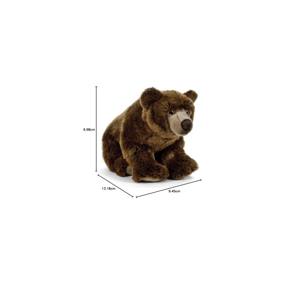 Brauner Plüschbär sitzt mit Maßen 6,68 x 13,18 x 9,45 cm.