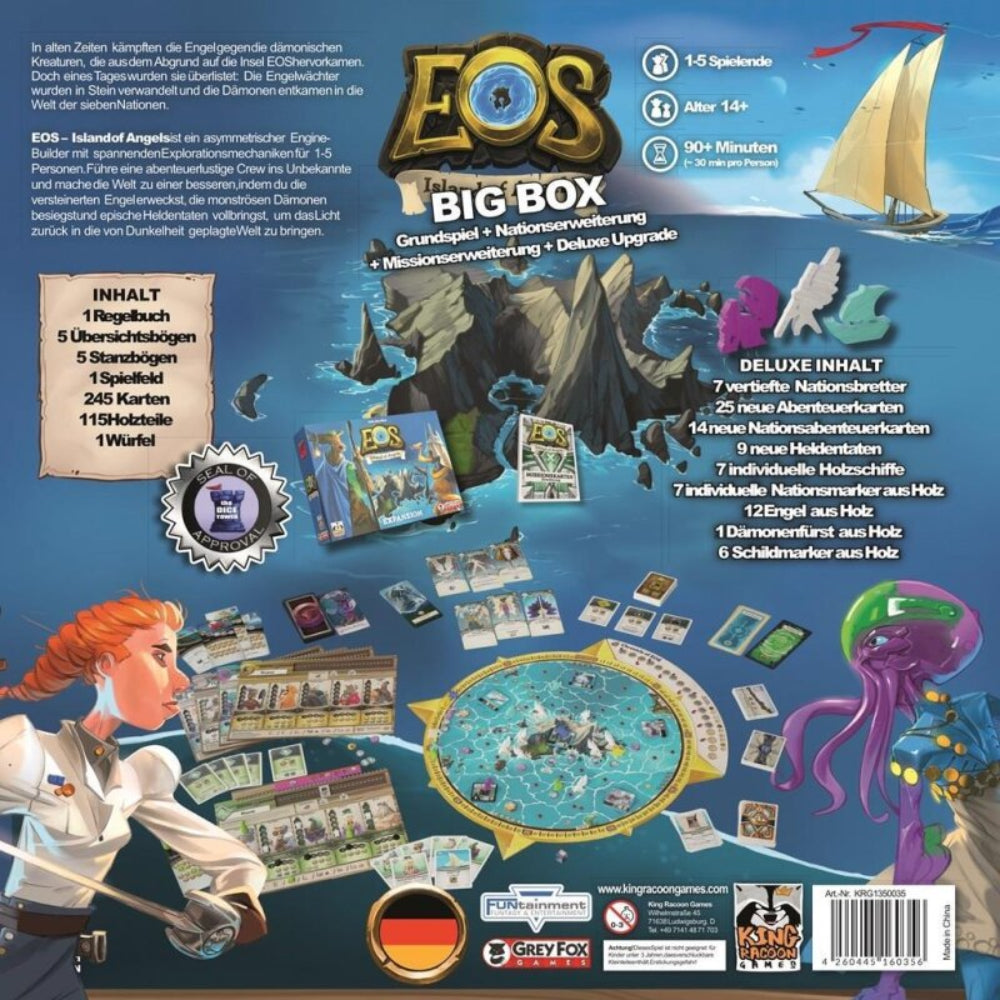 Brettspiel "EOS - Island of Big Box" mit Spielfiguren, Karten, Spielfeld und Anleitung.