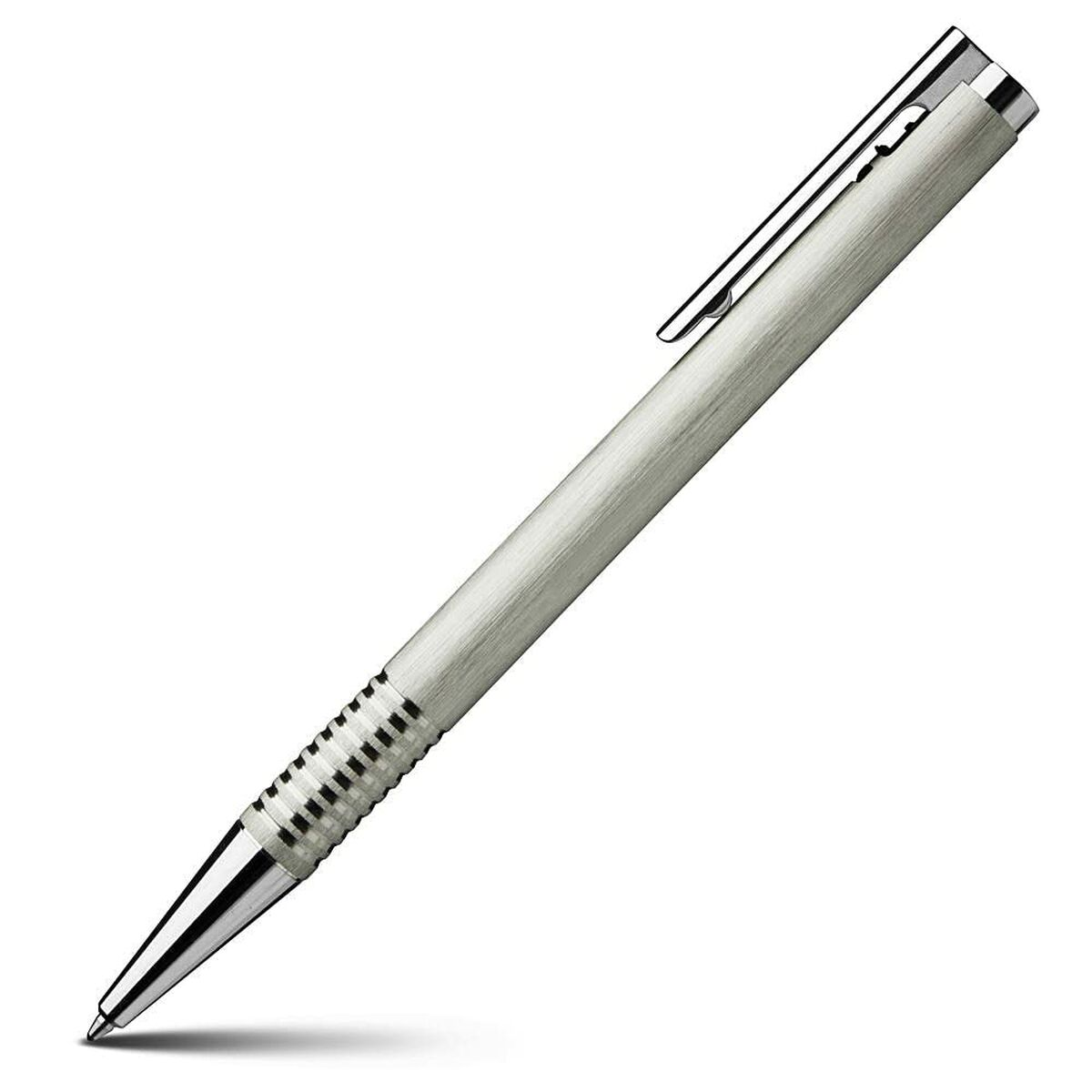 Eine silberne Stift mit einem Clip und einem strukturierten Griff.