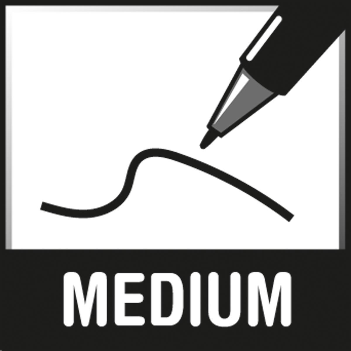 Ein Stift schreibt eine geschwungene Linie. Darunter steht 'MEDIUM'.