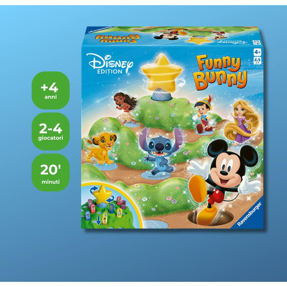Tabellone del gioco Disney Funny Bunny con Topolino, Stitch, Simba, Vaiana, Pinocchio e Rapunzel.