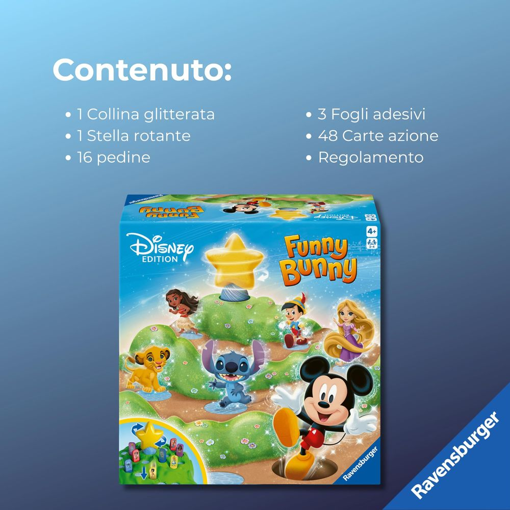 La scatola del gioco presenta personaggi Disney come Topolino e Stitch su un paesaggio verde collinare.
