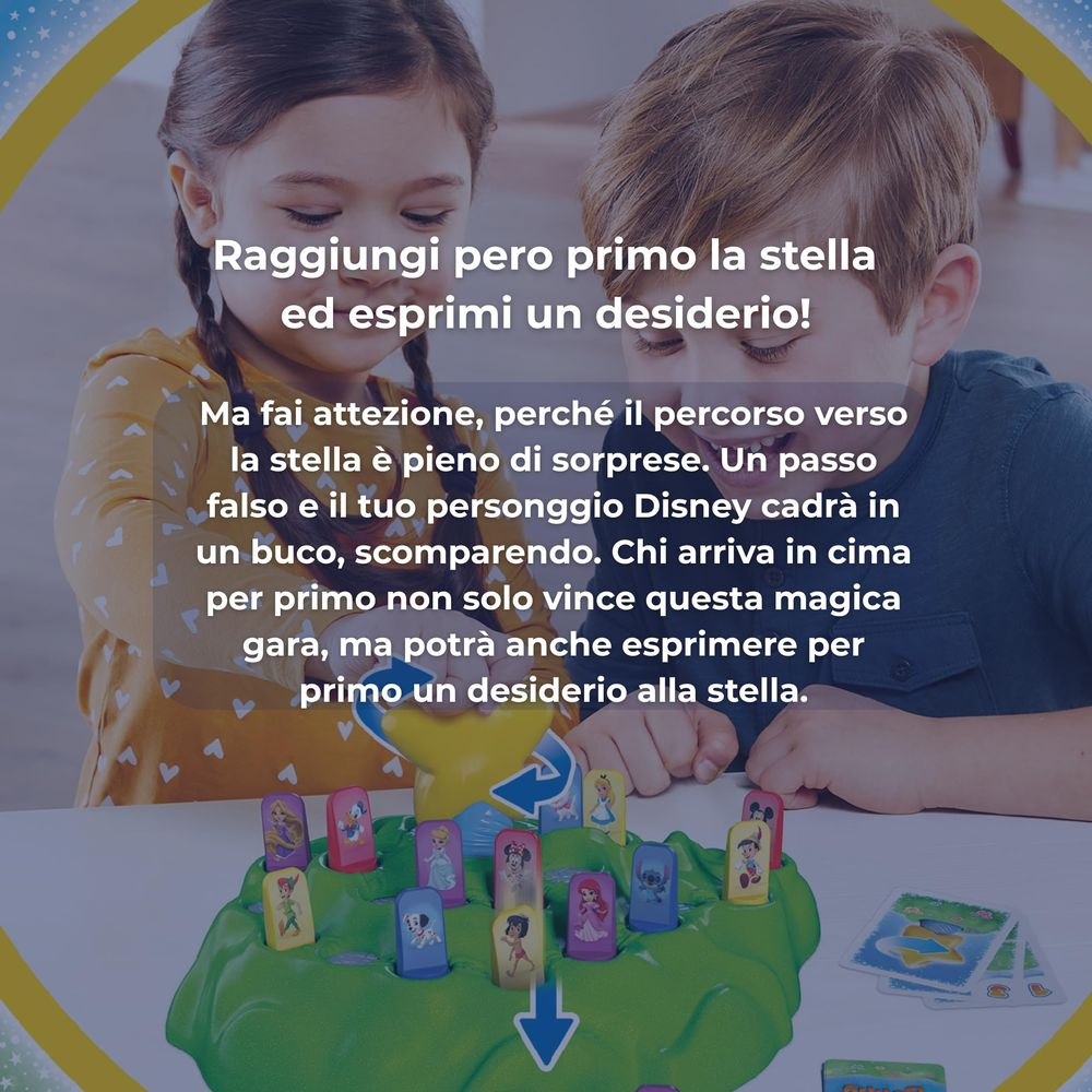Bambini giocano a un gioco da tavolo Disney con pedine e un indicatore a stella.