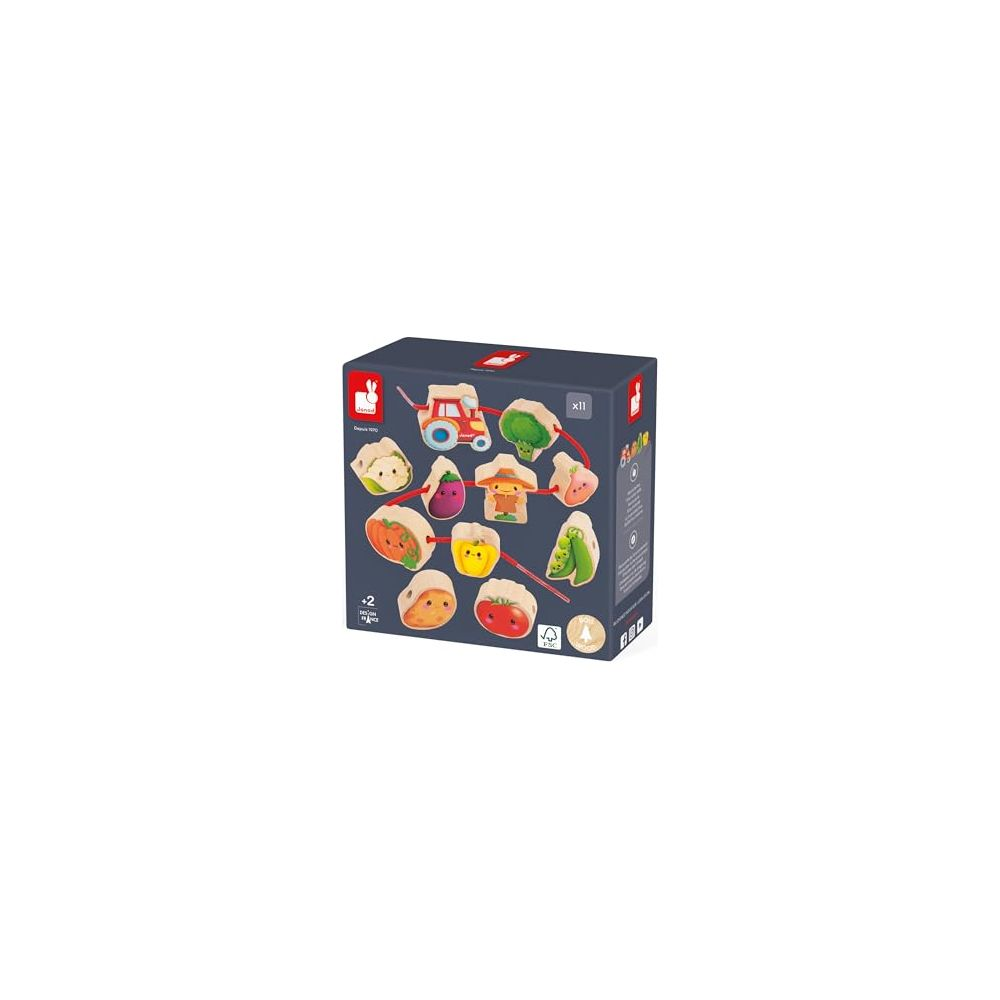 Schachtel mit Gemüse-Schnürspielzeug: Traktor, Brokkoli, Karotte, Tomate, Erbsen.