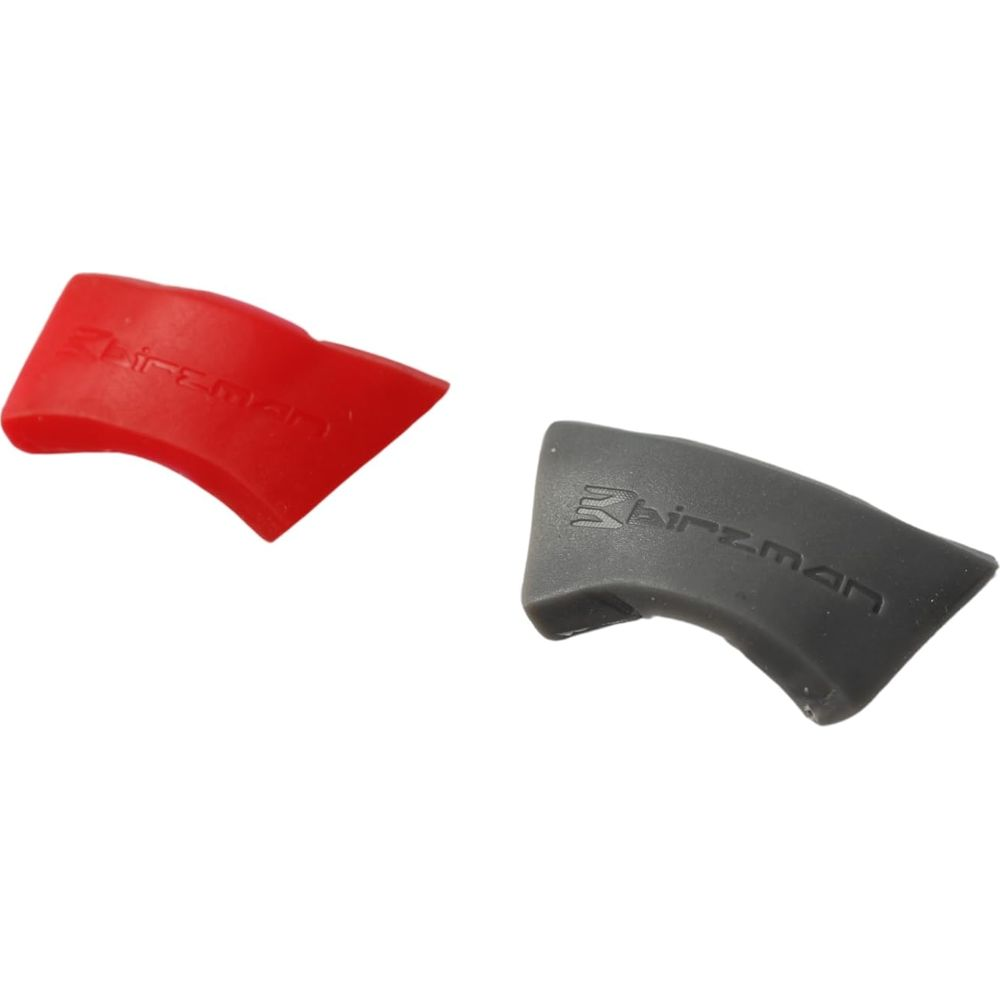 Rote und graue Fahrradbremshebelabdeckungen mit "Birzman" Logo.