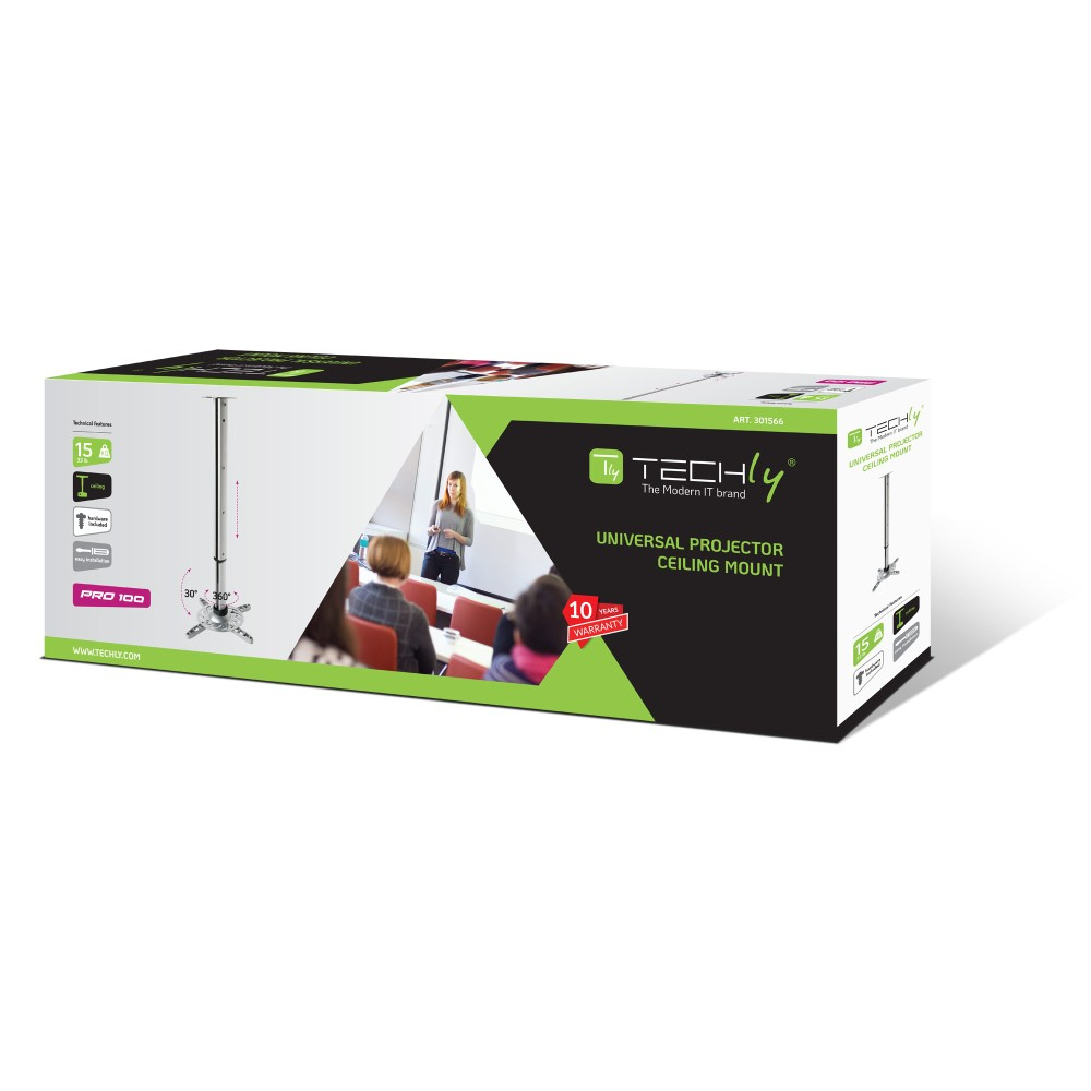Verpackung einer Universal-Projektor-Deckenhalterung mit technischen Merkmalen und einem Bild von einer Präsentation.