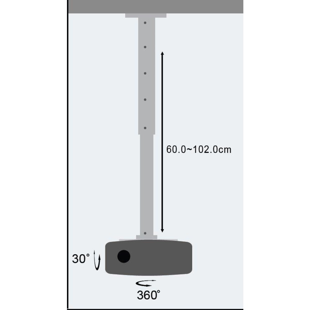 Deckenhalterung mit verstellbarer Stange (60-102cm) und drehbarem Gerät.
