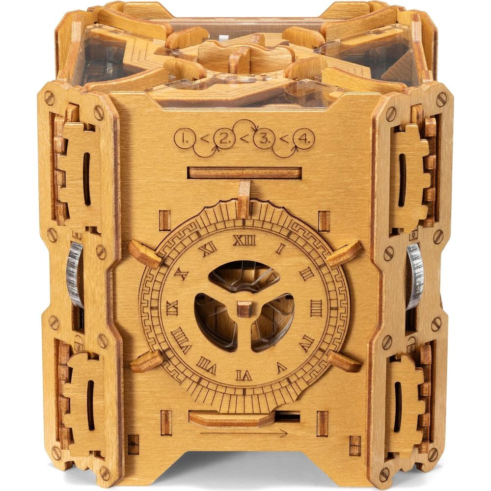Puzzle box in legno con numeri romani e ingranaggi. Parti trasparenti.